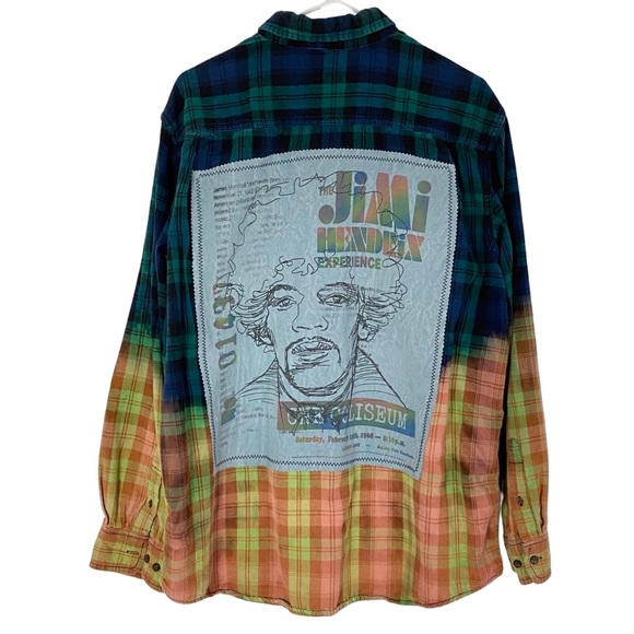 Hand Crafted Other - Jimi Hendrix Plaid Flannel Shirt Mens XL Unisex Bleached Handmade Green Blue